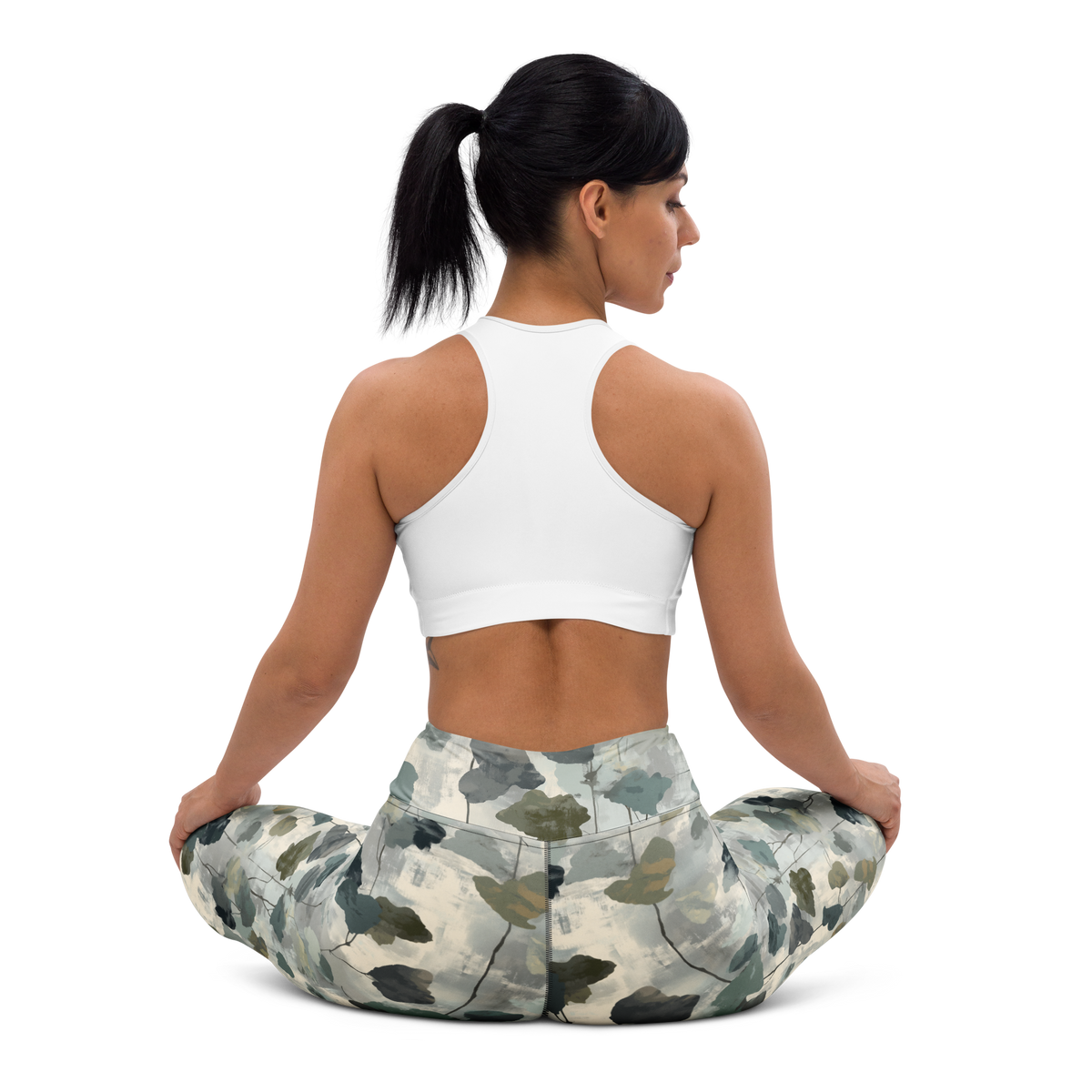 Vincit Original camouflage high-waisted yoga leggings, seated back view.