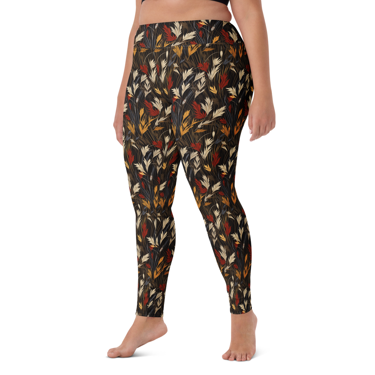 Wheatfield Scarfhold Palette high-waisted yoga leggings, larger-model left-front view.