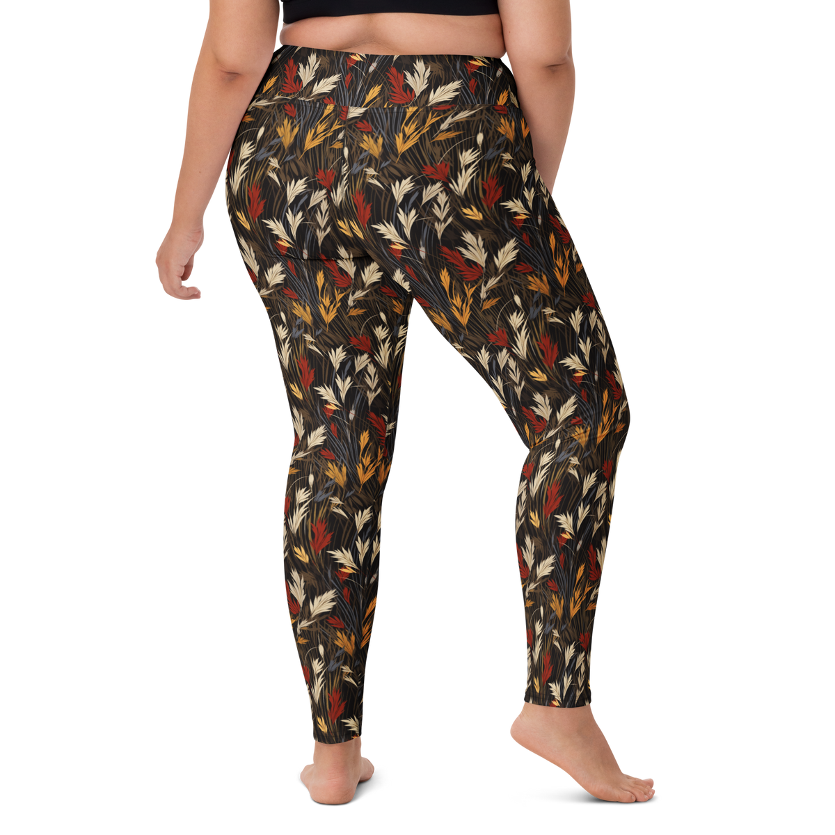 Wheatfield Scarfhold Palette high-waisted yoga leggings, larger-model right-back view.