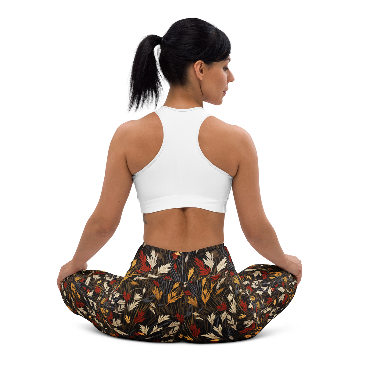 Wheatfield Scarfhold Palette high-waisted yoga leggings, seated back view.