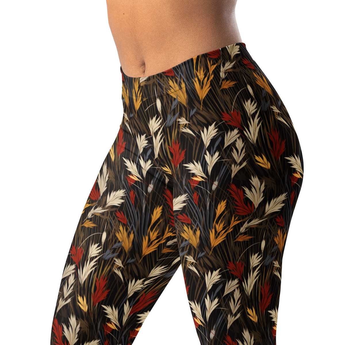 Wheatfield Scarfhold mid-rise comfort leggings, waistband and pattern detail.