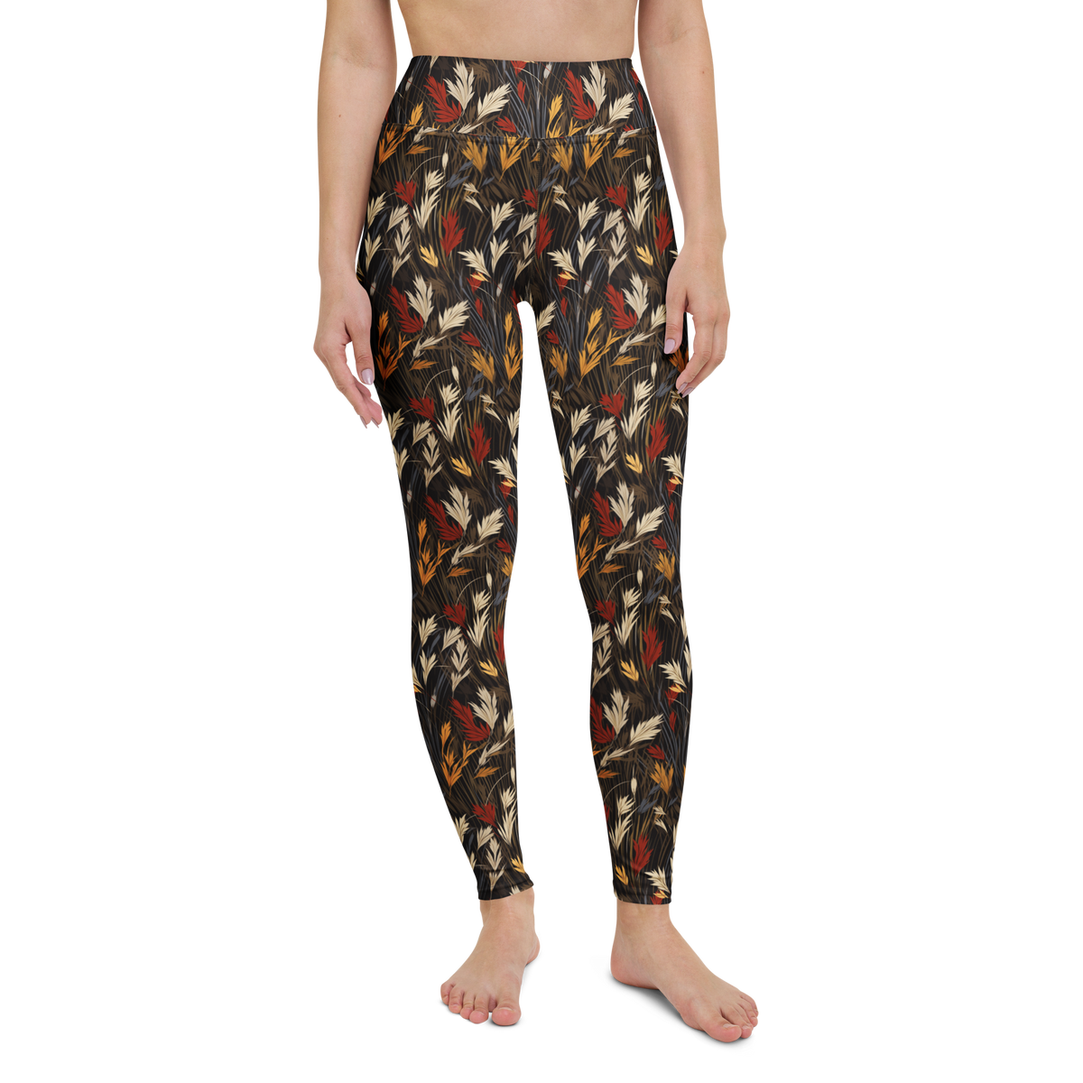 Wheatfield · Scarfhold Palette high-waisted yoga leggings, straight front view, barefoot.