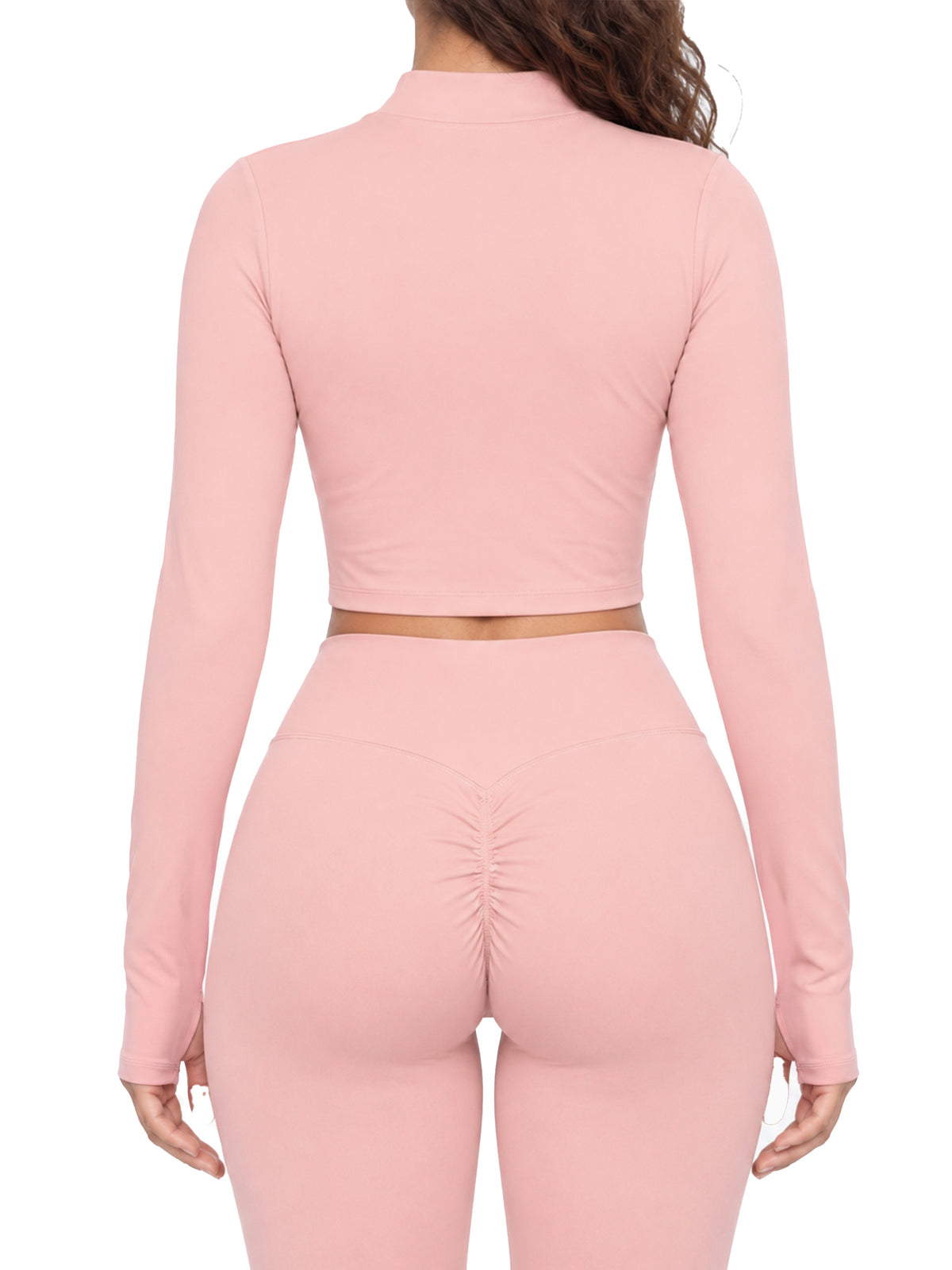 Woman wearing the cropped zip sports jacket, back view