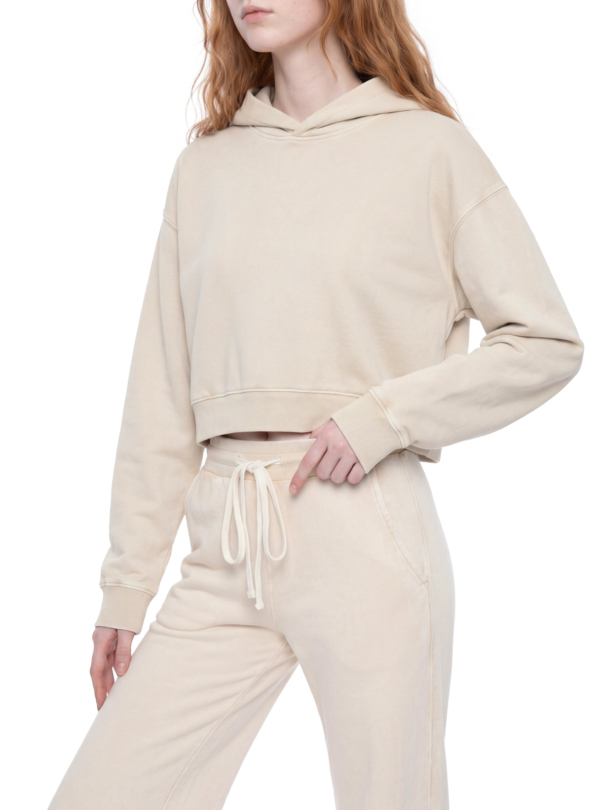 Women’s Mineral-Wash Cropped Hoodie — rear three-quarter view