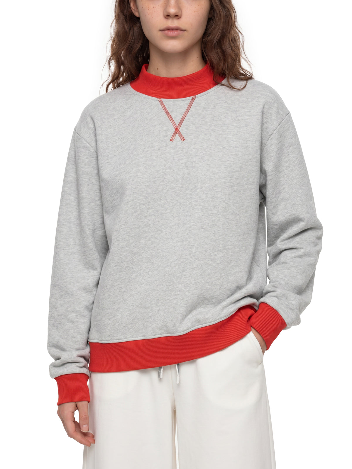 Women’s Fleece Mock-Neck Crew Sweatshirt — styled front view