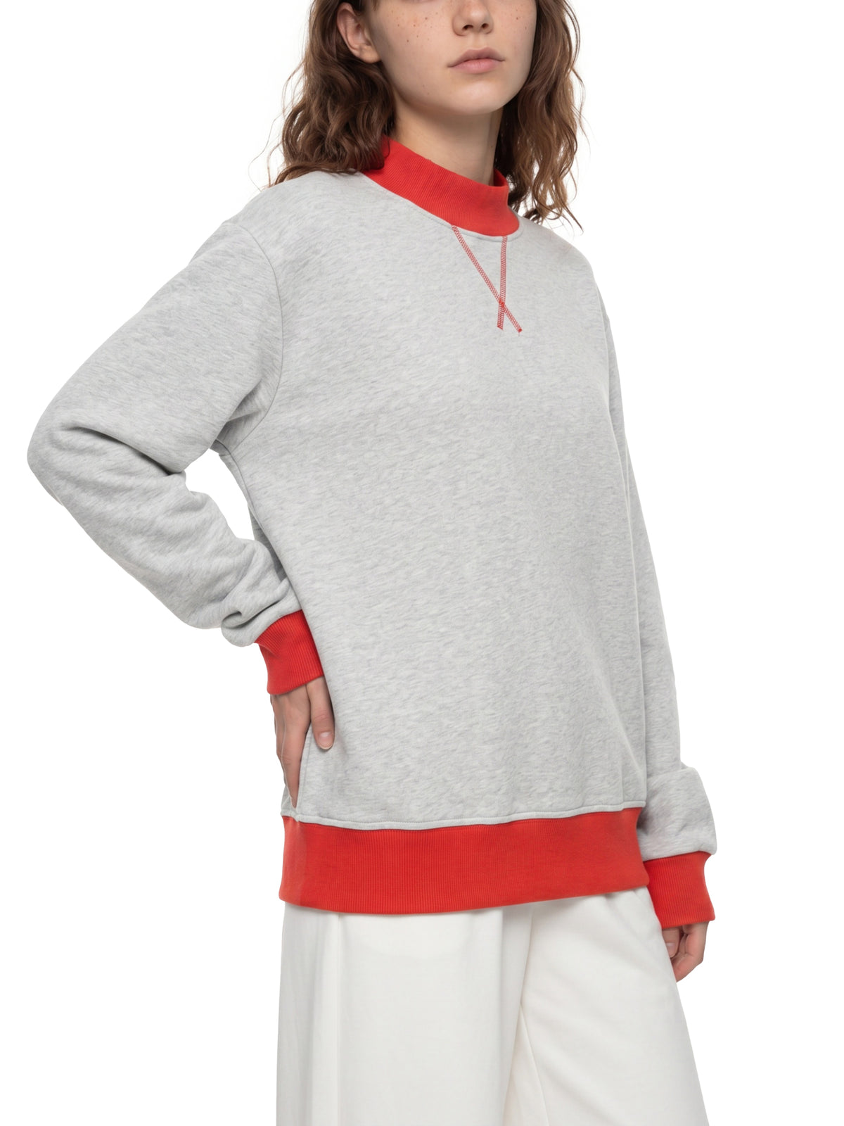 Women’s Fleece Mock-Neck Crew Sweatshirt — rear three-quarter view
