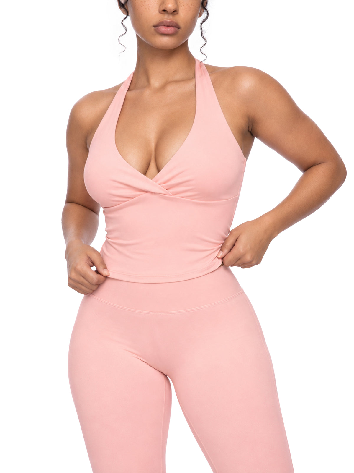 Women’s Ruched Halter Crop Tank Top — styled front view