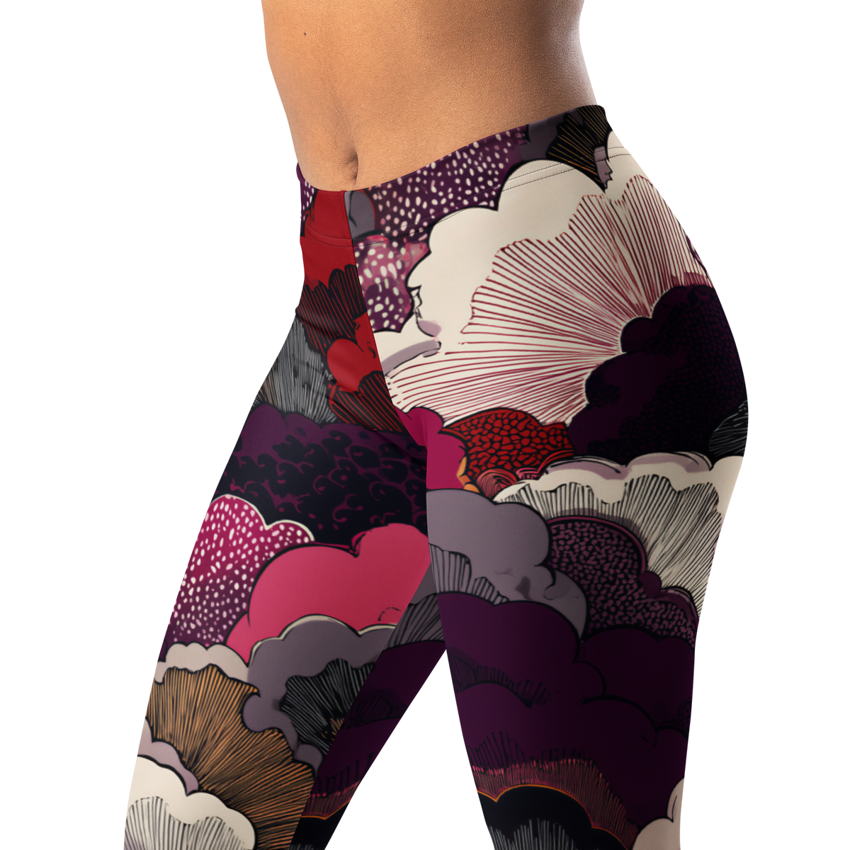 Yūkoku · Burnished Orchid mid-rise everyday leggings, waistband and pattern detail.