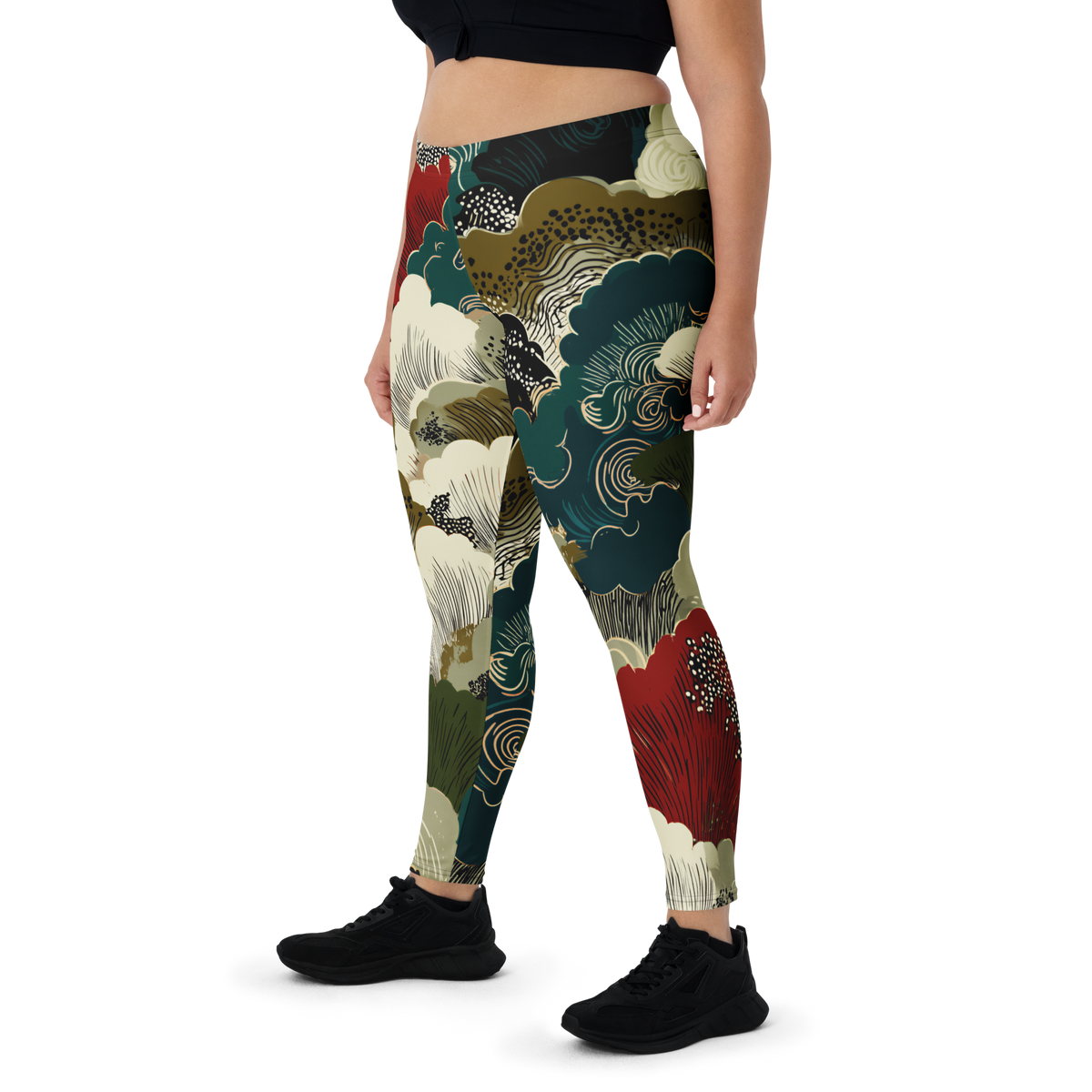 Yūkoku Botanical Voltage mid-rise comfort leggings, oversize-fit front view.