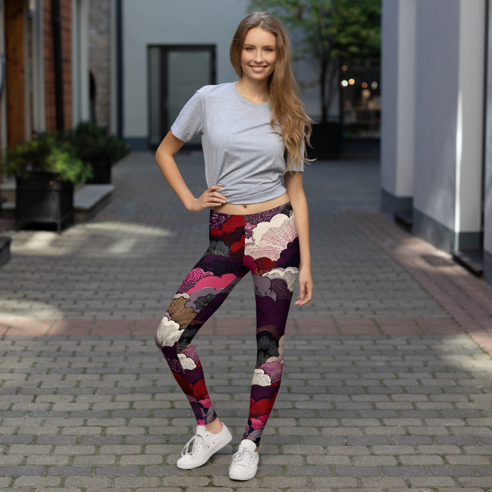 Yūkoku Burnished Orchid mid-rise comfort leggings, lifestyle front view.