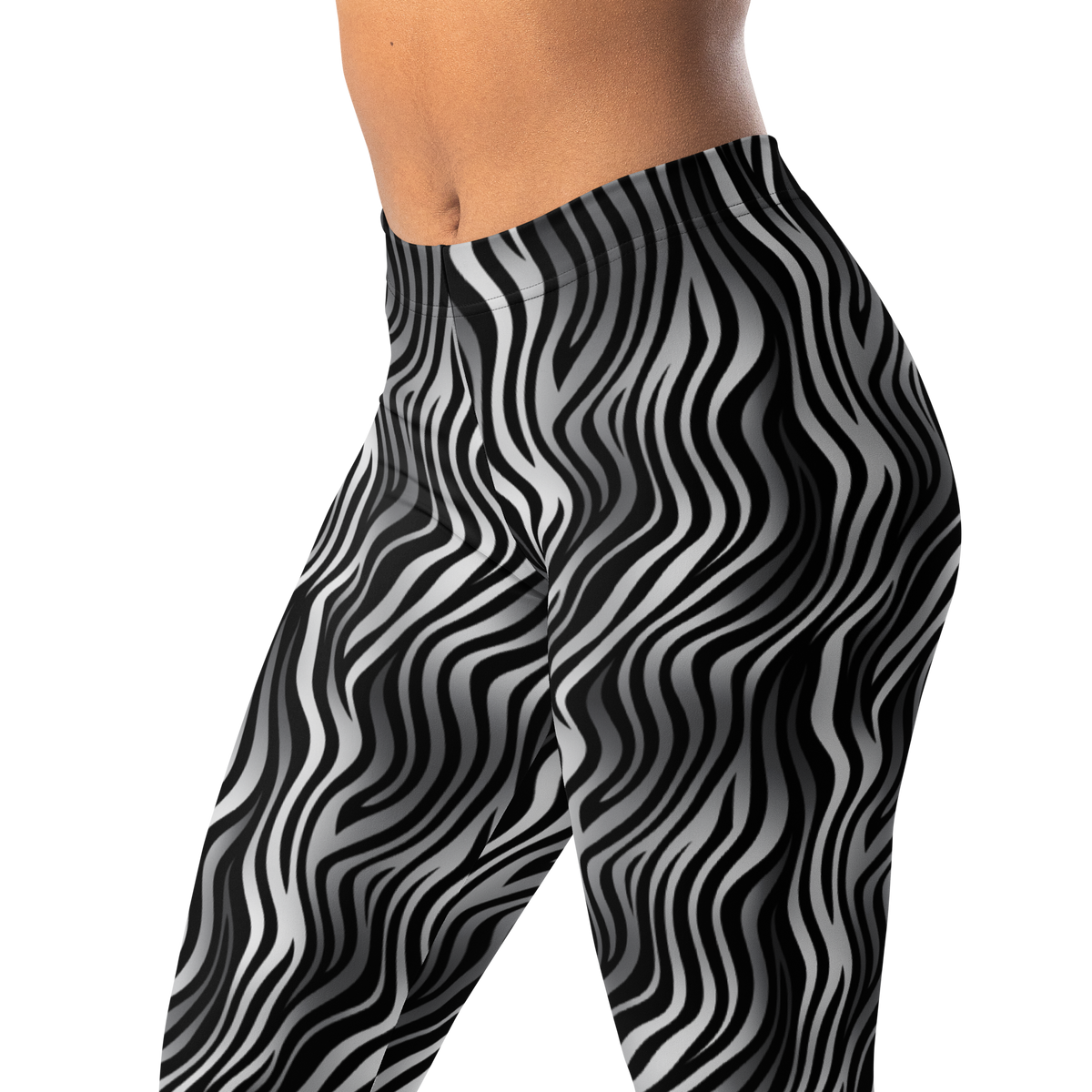 Zebrado Greyscale mid-rise comfort leggings, waistband and pattern detail.