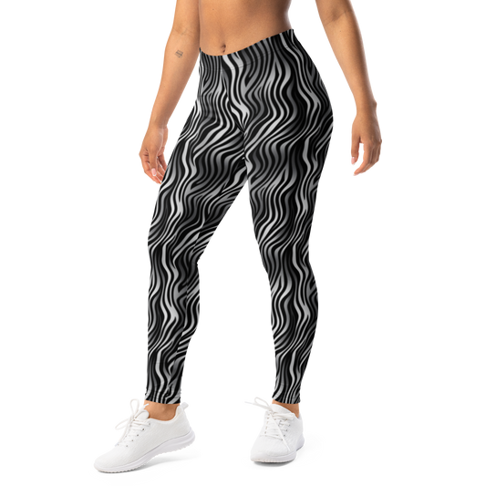 Zebrado · Greyscale mid-rise everyday leggings, left-front view.