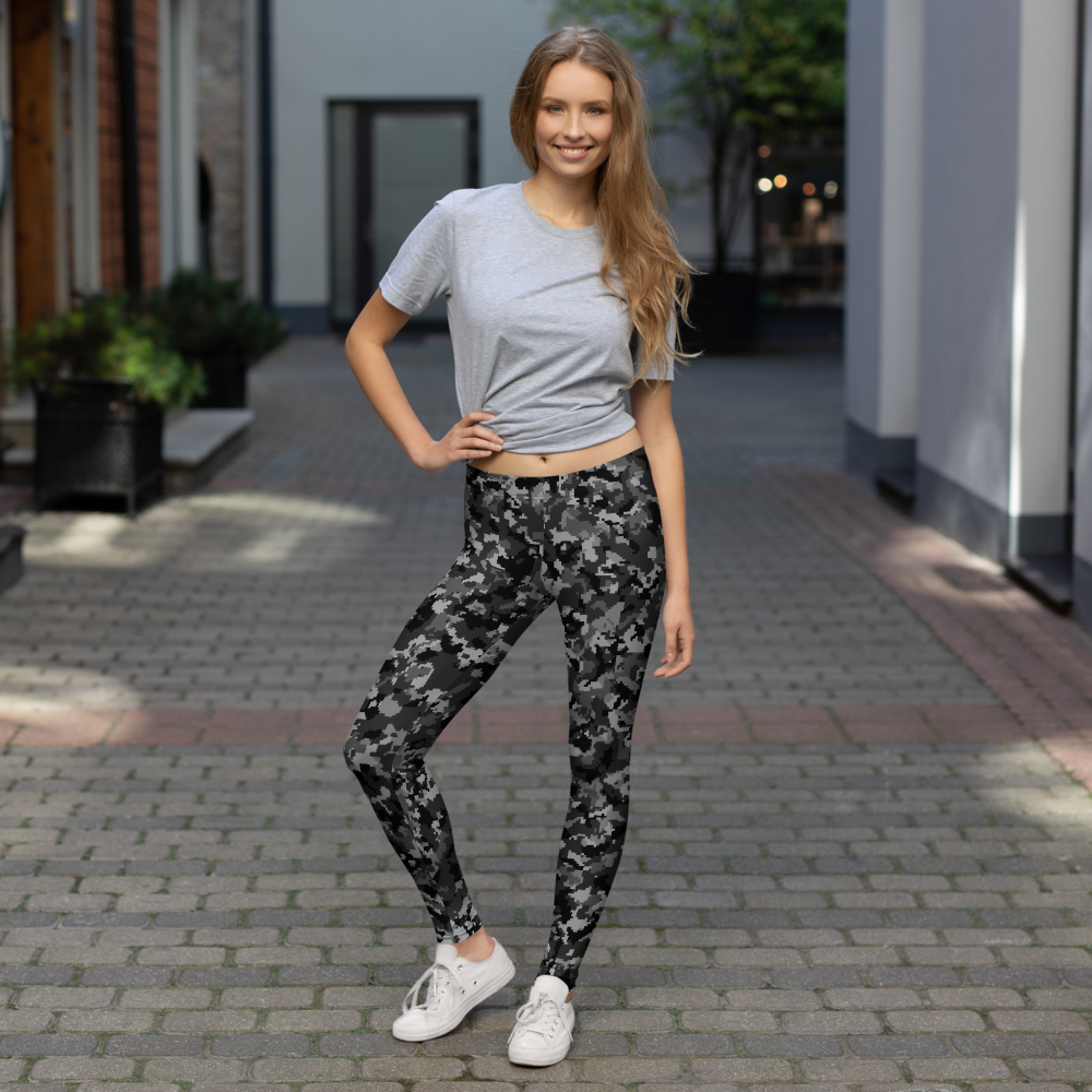 Digita Contour Static Greyscale mid-rise comfort leggings, lifestyle front view.