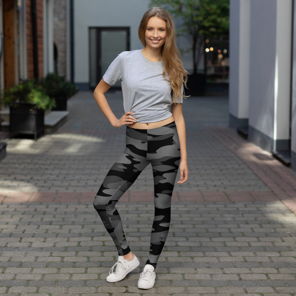 Gulf Greyscale camouflage mid-rise comfort leggings, lifestyle front view.