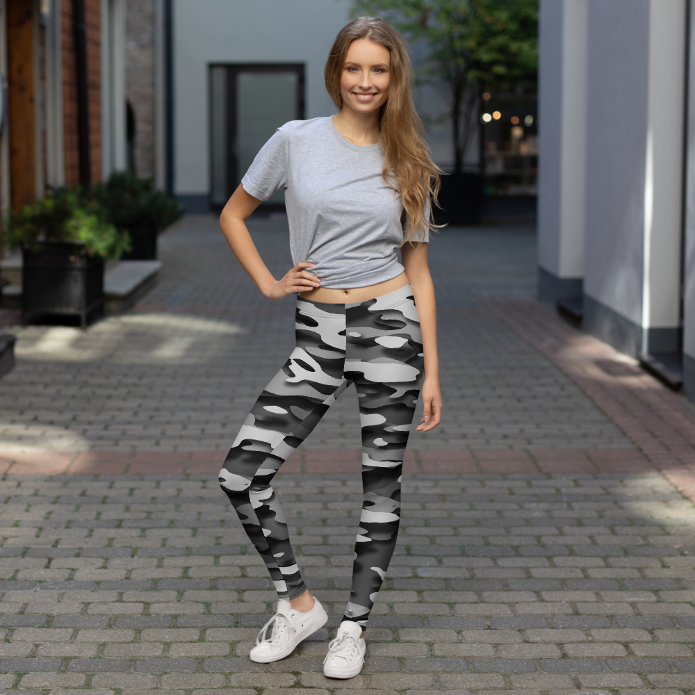 Gulf Relief Greyscale camouflage mid-rise comfort leggings, lifestyle front view.