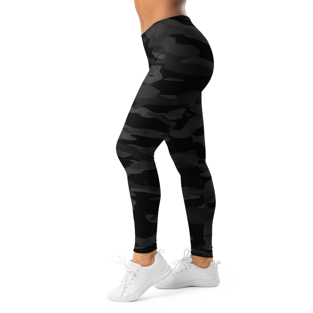 Gulf Striation Greyscale camouflage mid-rise comfort leggings, left-side view.