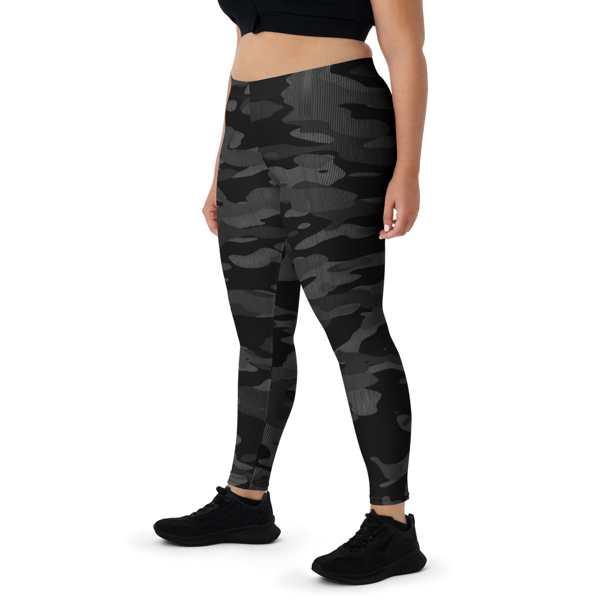 Gulf Striation Greyscale camouflage mid-rise comfort leggings, oversize-fit front view.