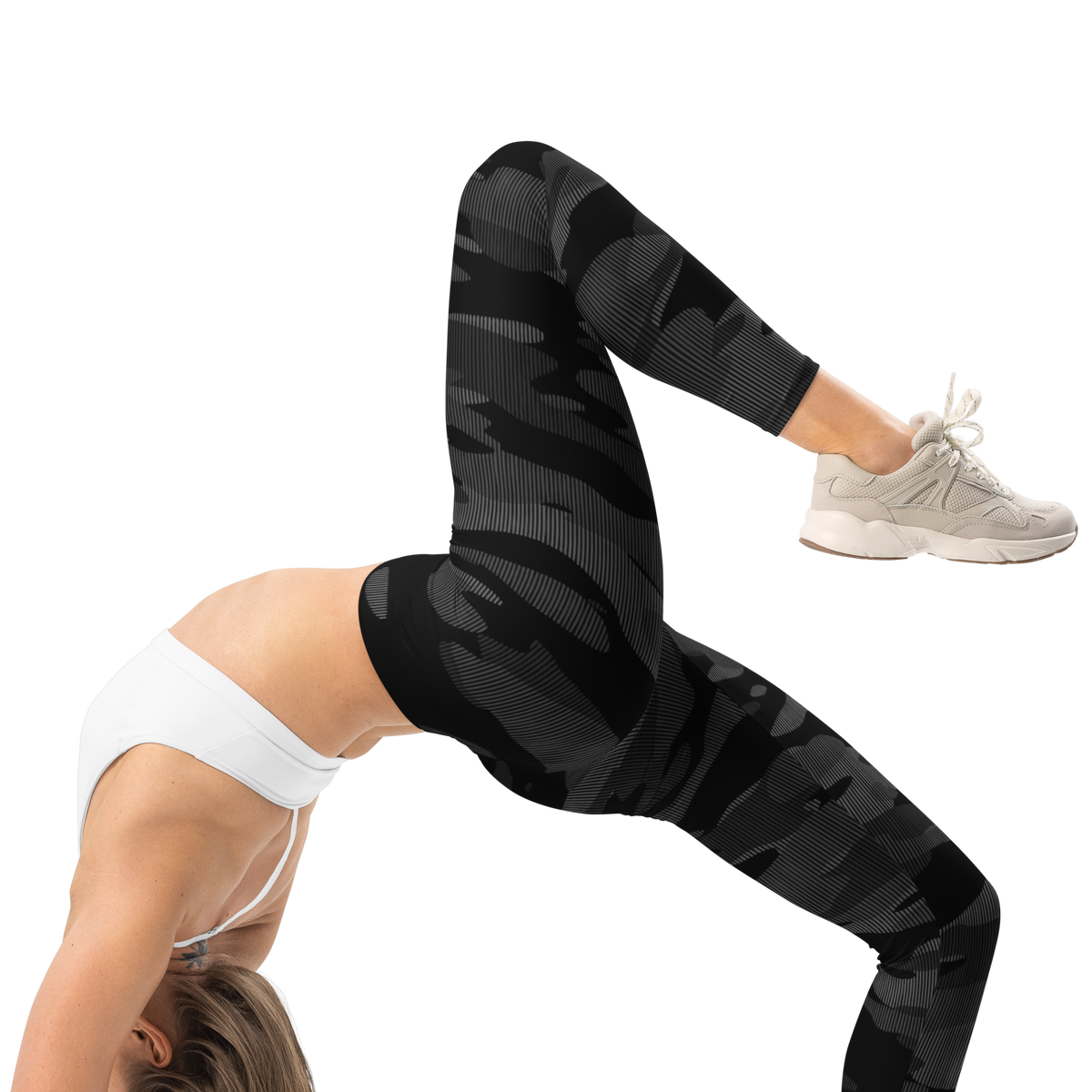 Gulf Striation Greyscale camouflage mid-rise comfort leggings, right-side view.