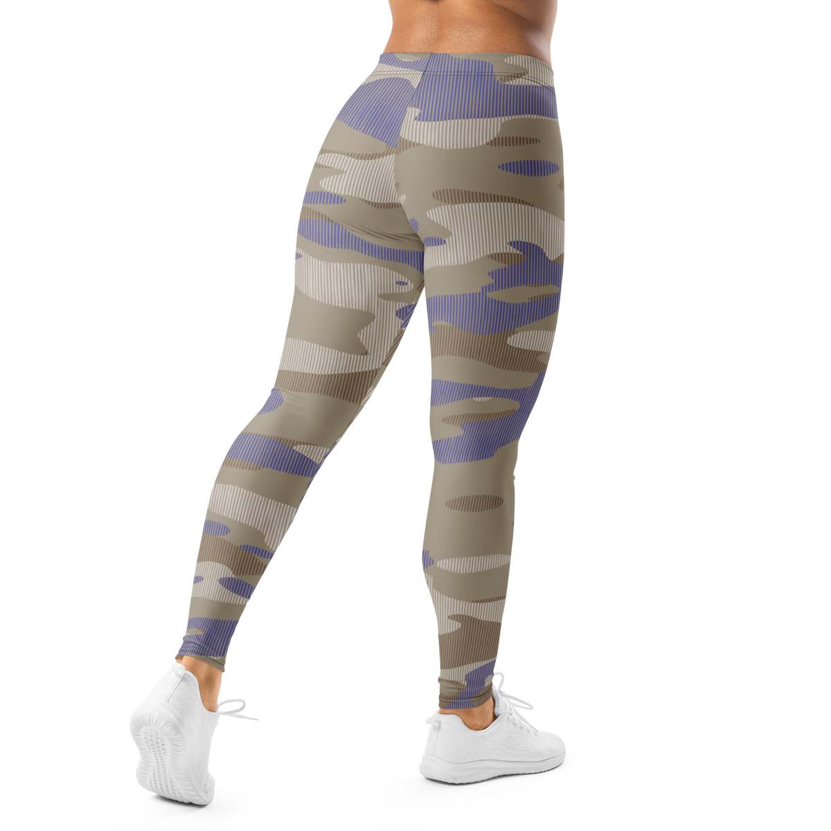 Gulf Striation Very Peri 1 camouflage mid-rise comfort leggings, back view.