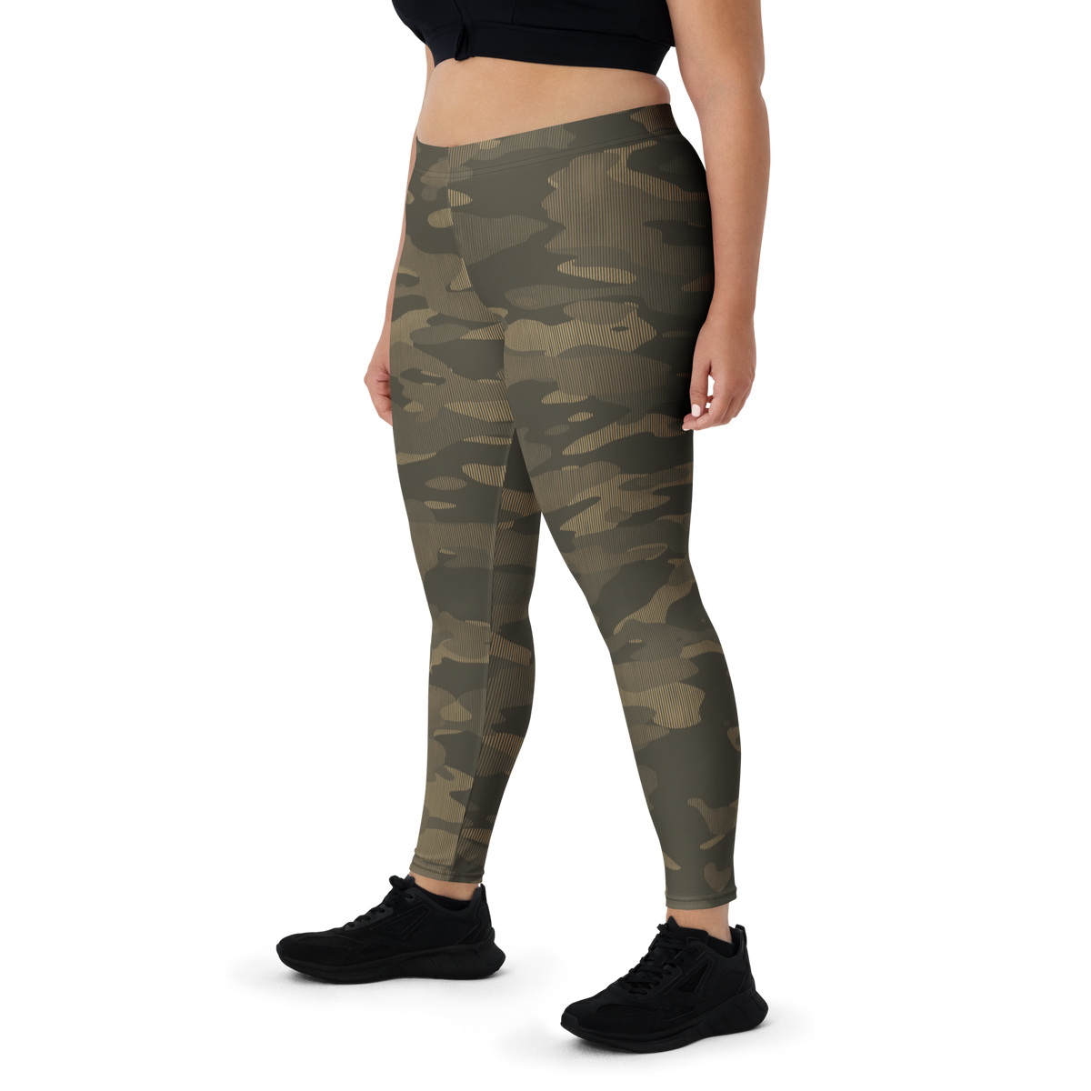 Gulf Striation Woodland camouflage mid-rise comfort leggings, oversize-fit front view.