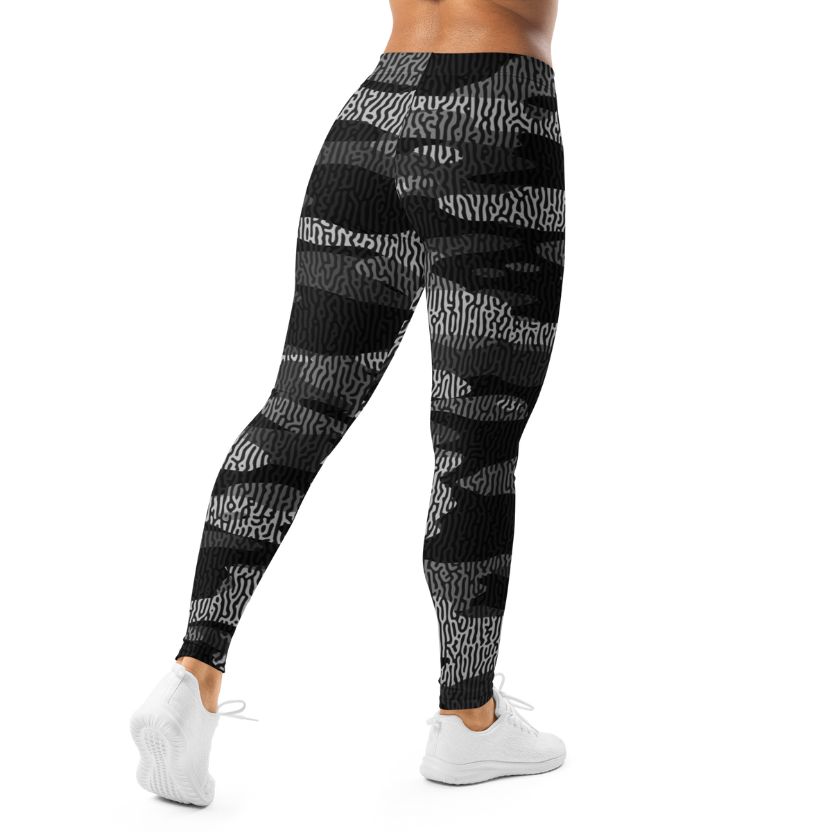 Gulf Turing Greyscale camouflage mid-rise comfort leggings, back view.