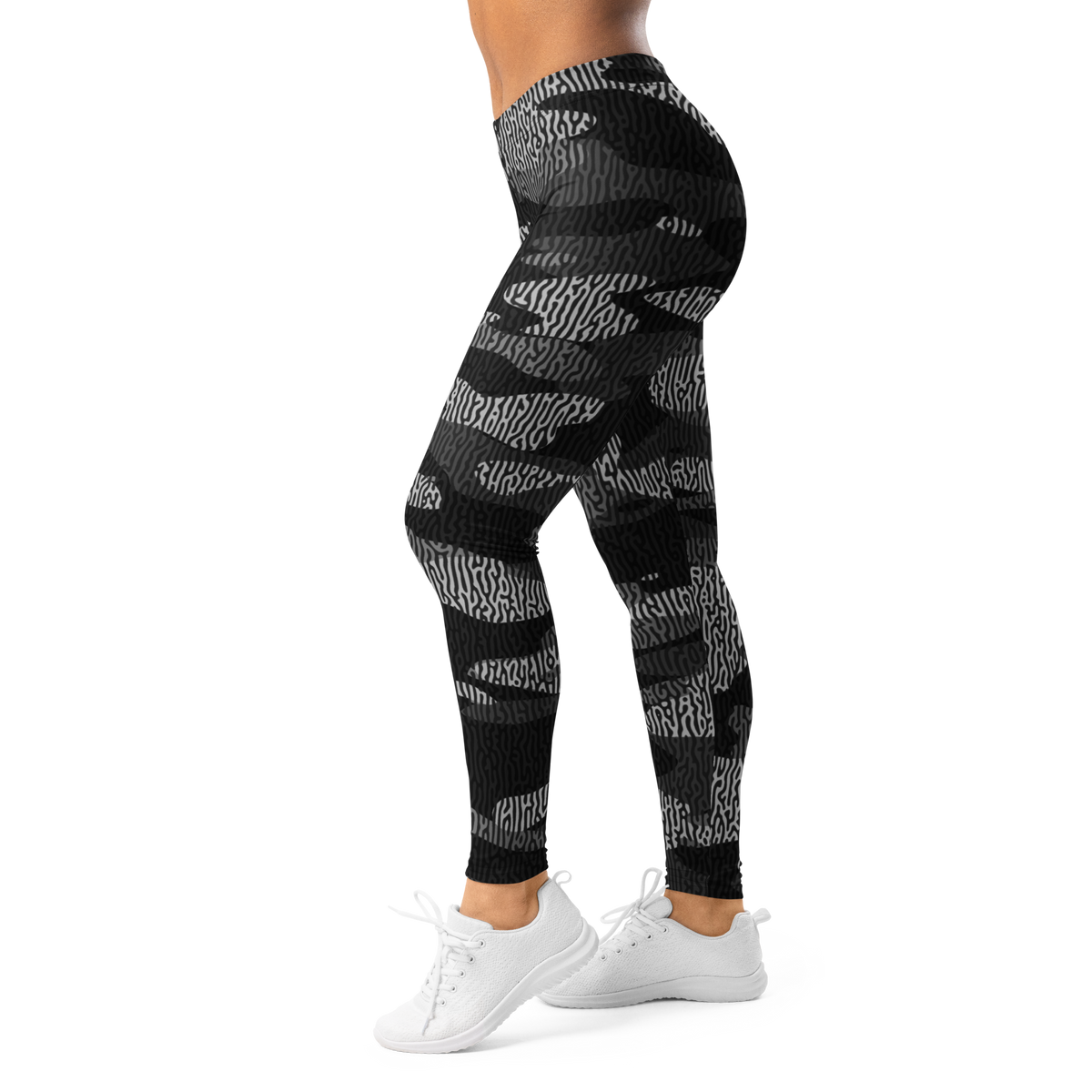 Gulf Turing Greyscale camouflage mid-rise comfort leggings, left-side view.