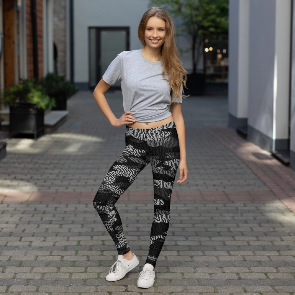 Gulf Turing Greyscale camouflage mid-rise comfort leggings, lifestyle front view.