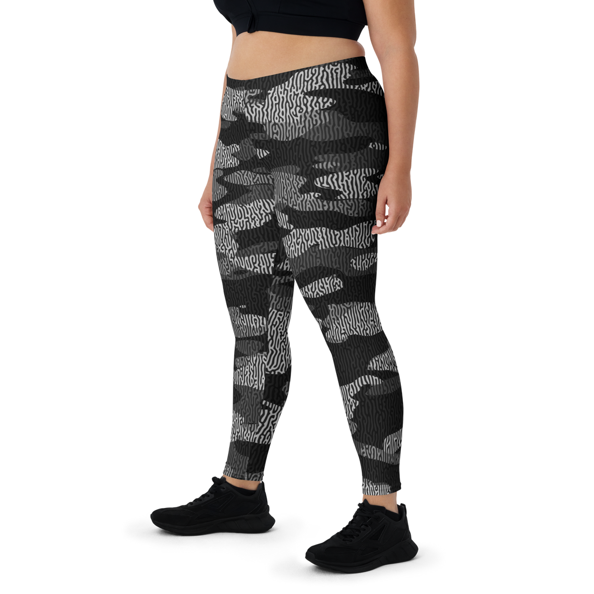 Gulf Turing Greyscale camouflage mid-rise comfort leggings, oversize-fit front view.