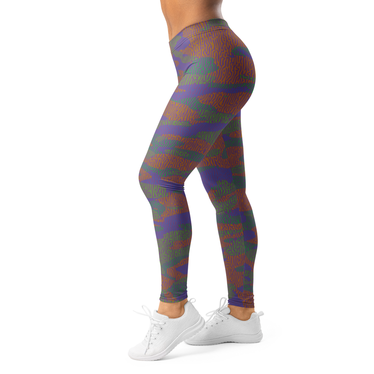 Gulf Turing Very Peri 2 camouflage mid-rise comfort leggings, left-side view.
