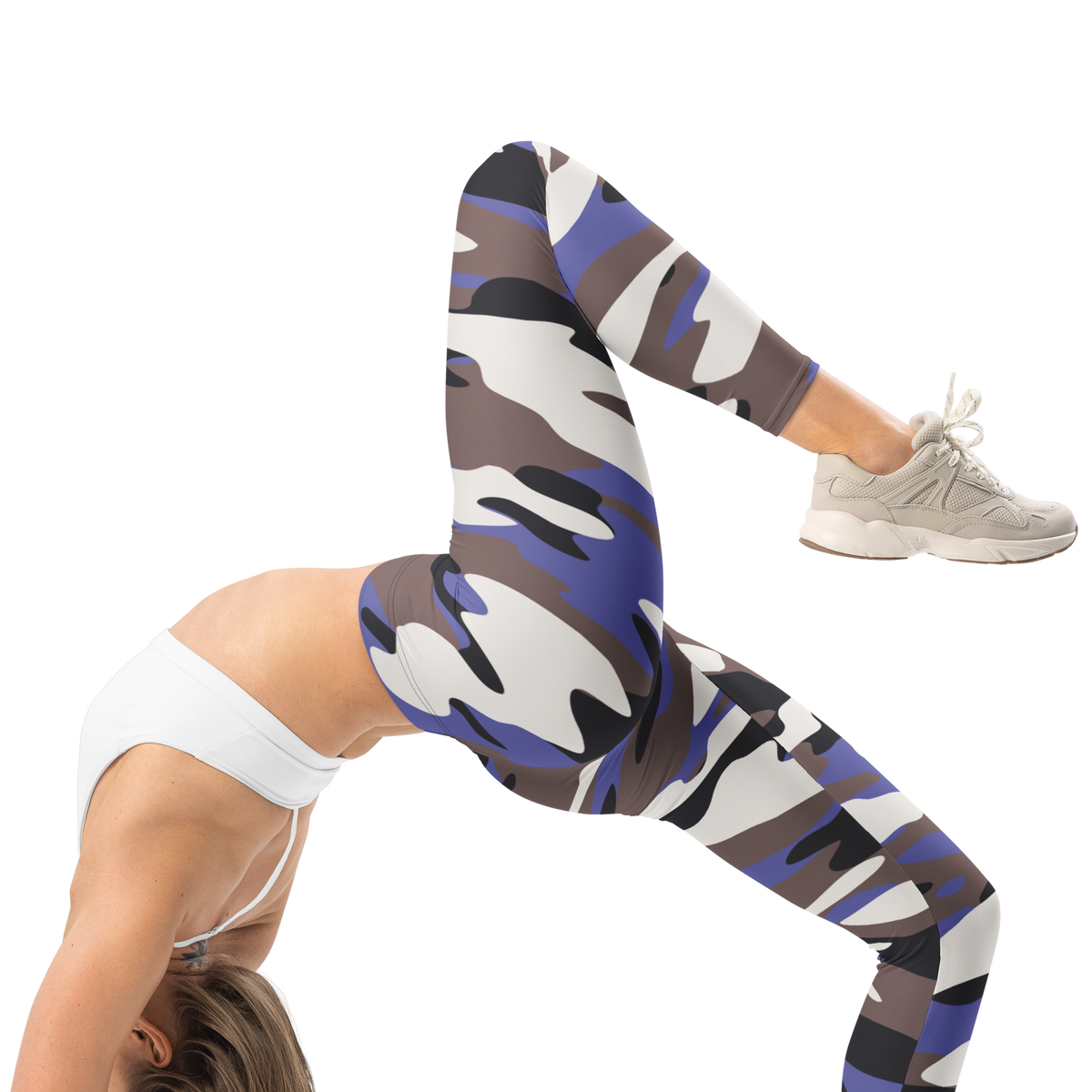 Gulf Very Peri 1 camouflage mid-rise comfort leggings, right-side view.