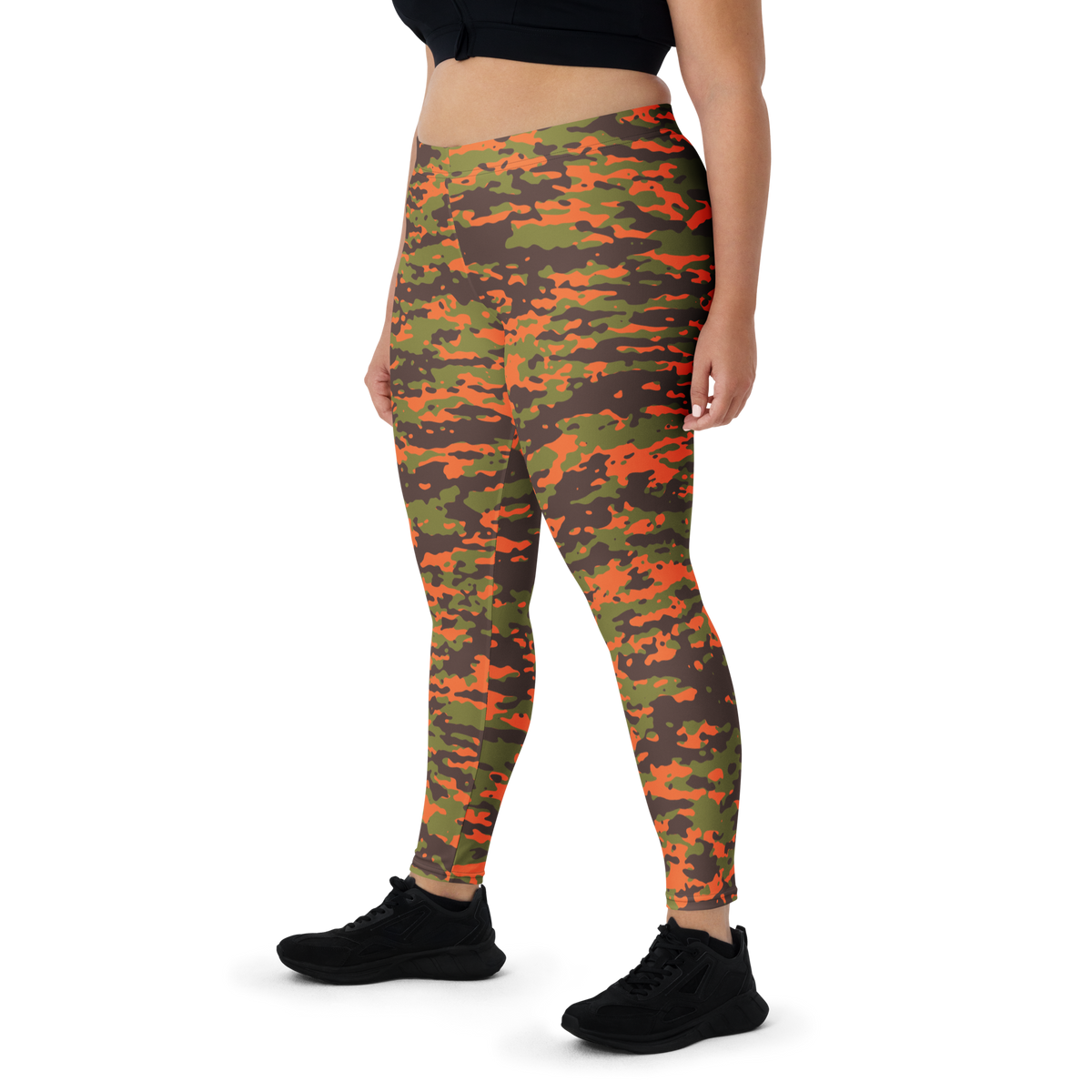 Inka Fall camouflage mid-rise comfort leggings, oversize-fit front view.