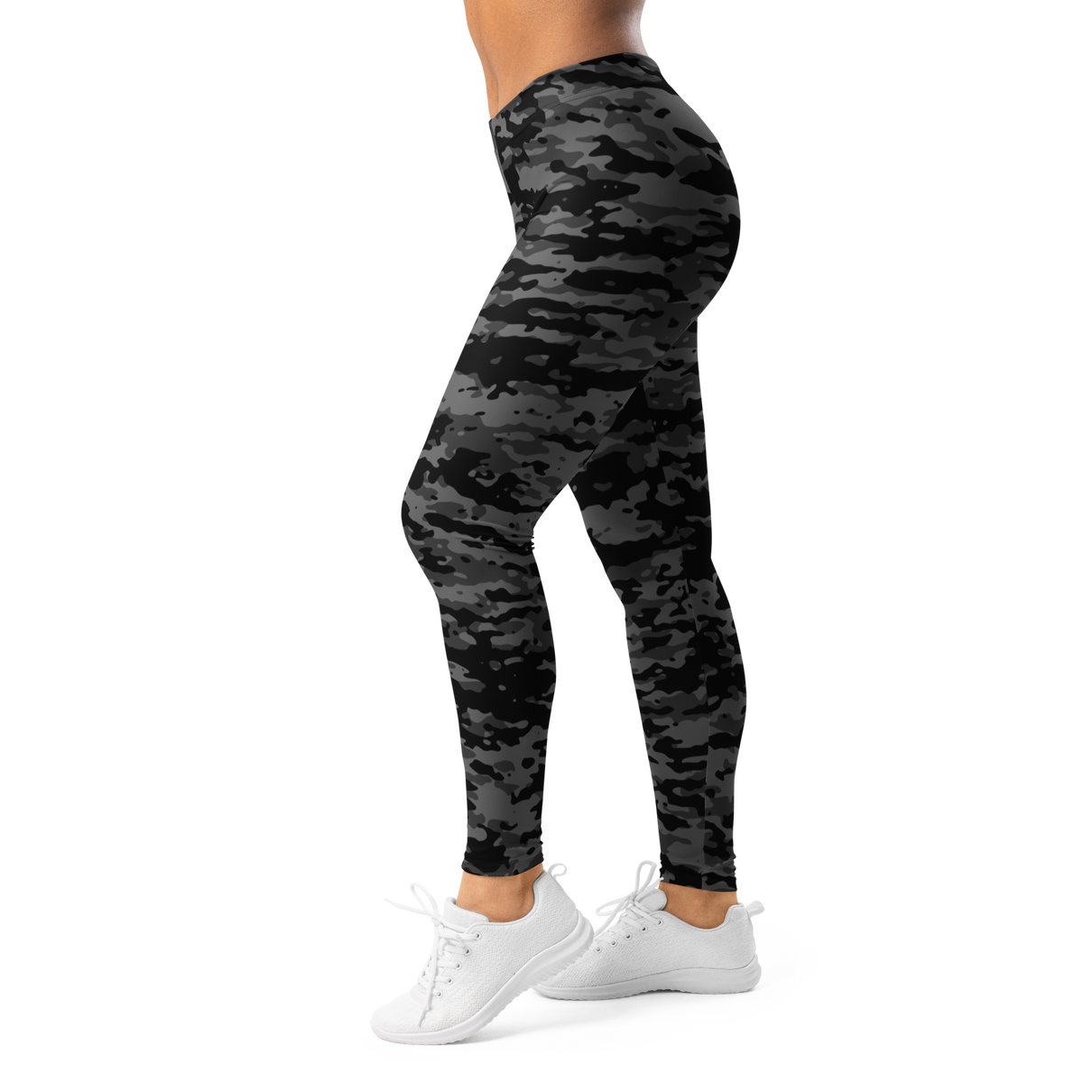 Inka Greyscale camouflage mid-rise comfort leggings, left-side view.