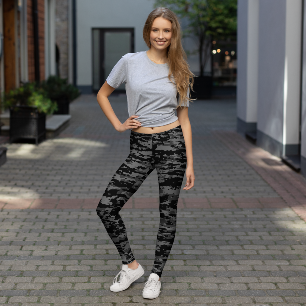 Inka Greyscale camouflage mid-rise comfort leggings, lifestyle front view.