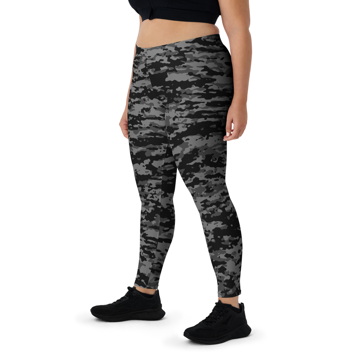 Inka Greyscale camouflage mid-rise comfort leggings, oversize-fit front view.