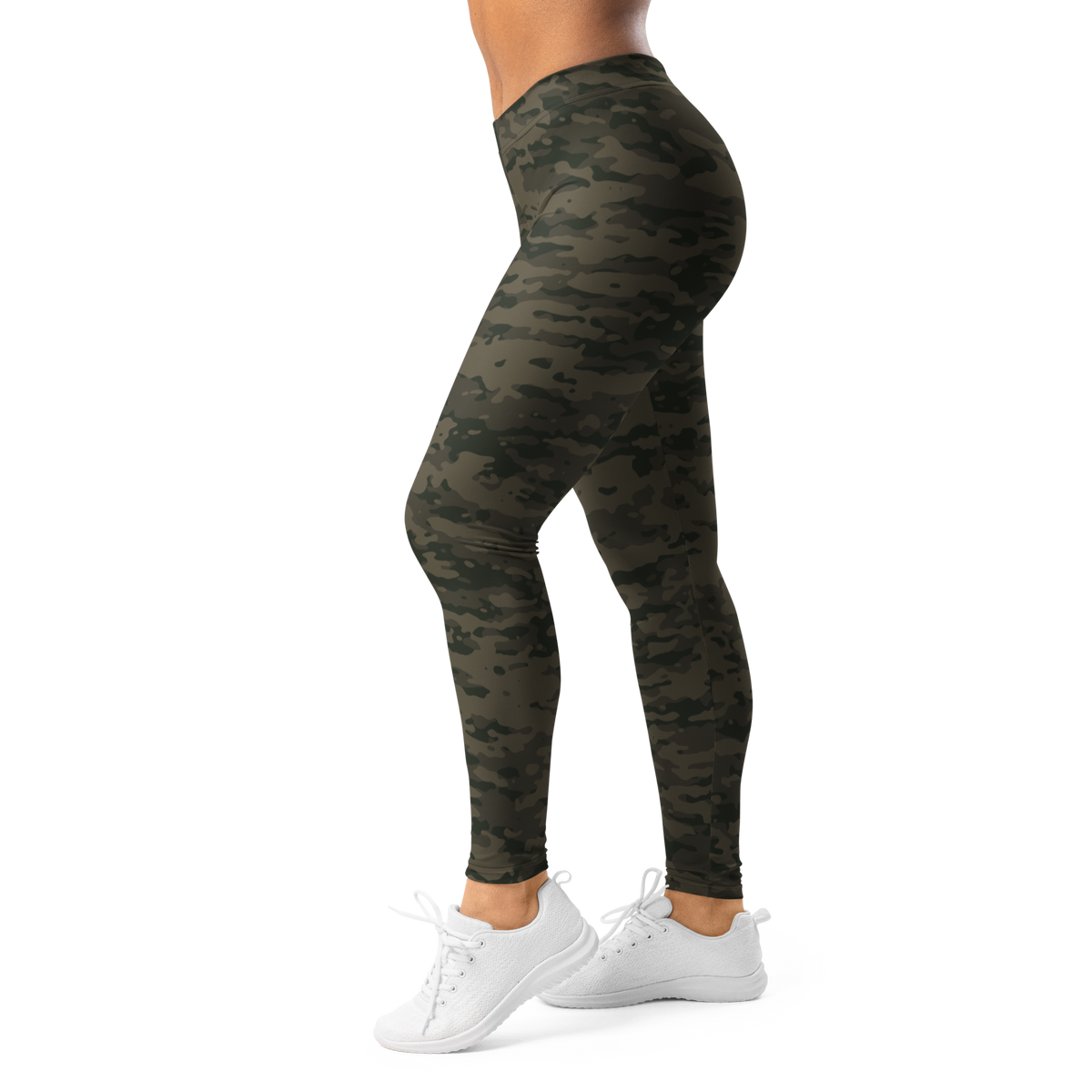Inka Woodland camouflage mid-rise comfort leggings, left-side view.