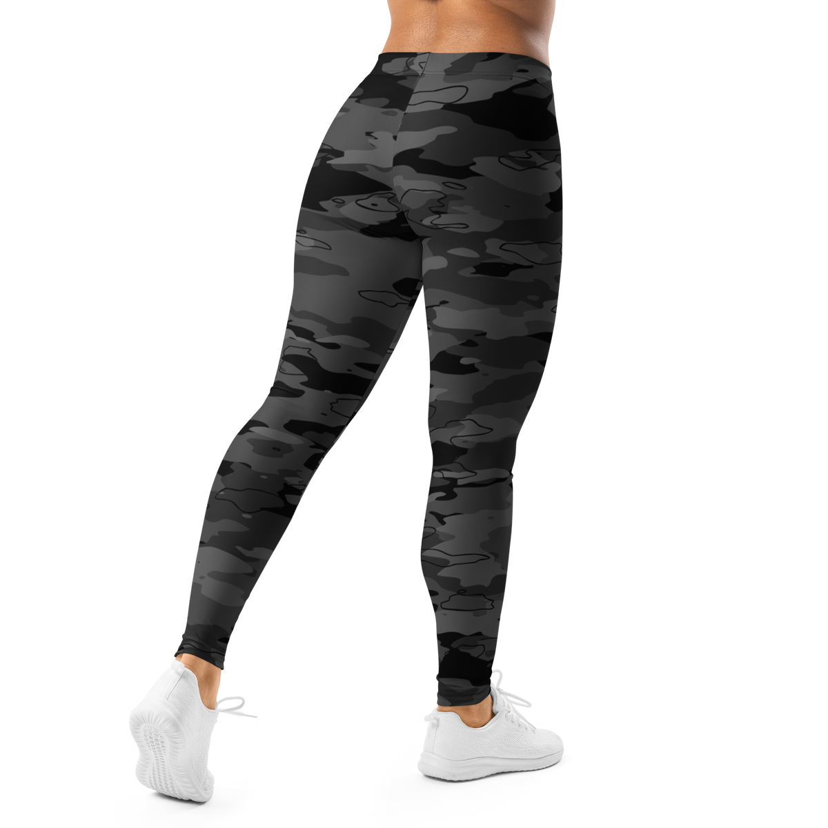 Marsho Greyscale 1 camouflage mid-rise comfort leggings, back view.