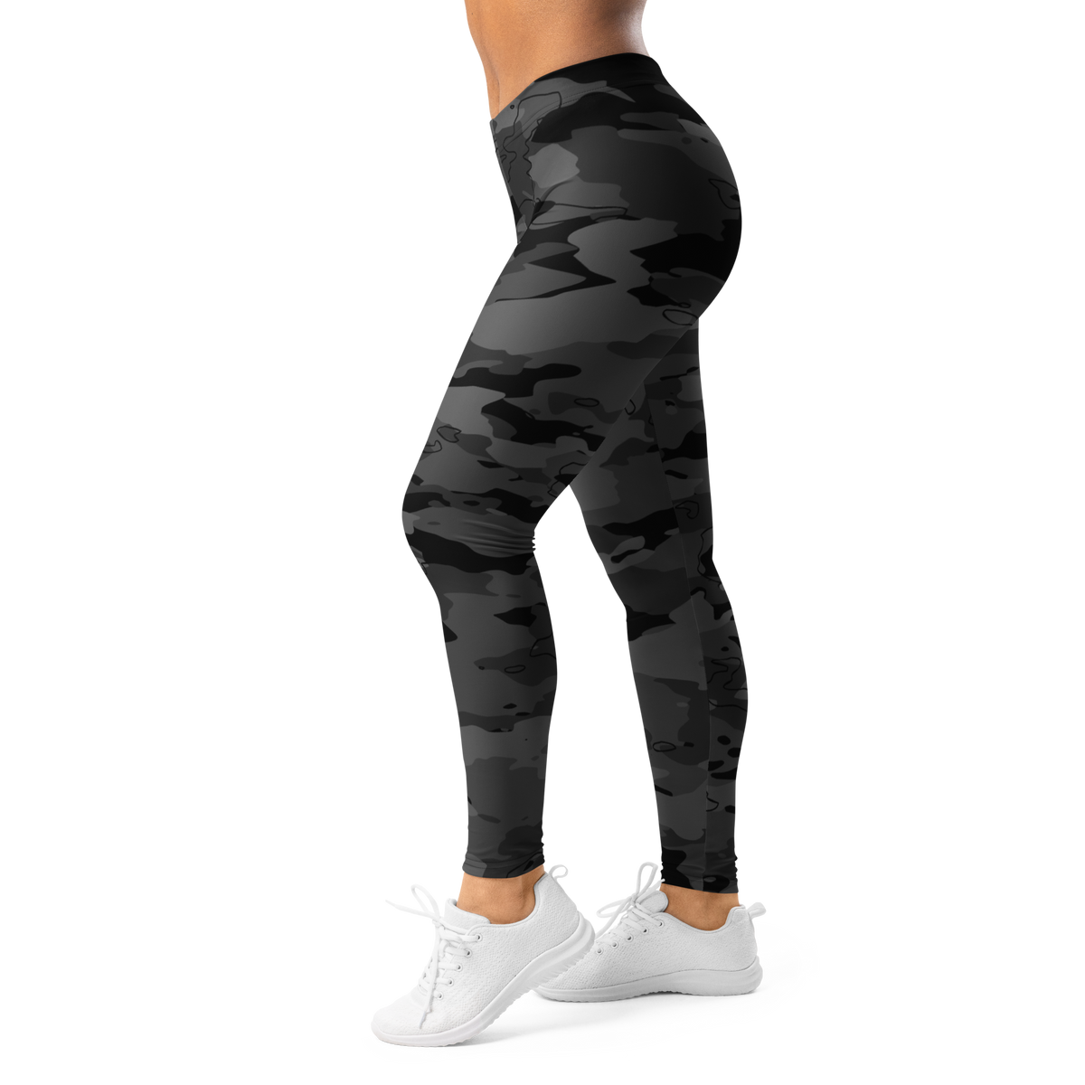Marsho Greyscale 1 camouflage mid-rise comfort leggings, left-side view.