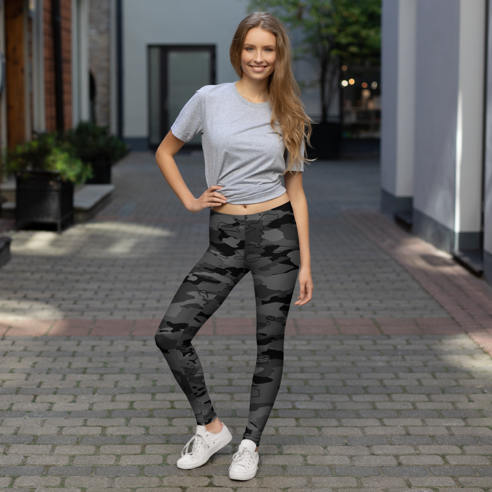 Marsho Greyscale 1 camouflage mid-rise comfort leggings, lifestyle front view.