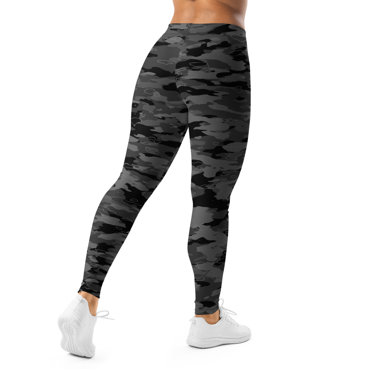 Marsho Greyscale 3 camouflage mid-rise comfort leggings, back view.