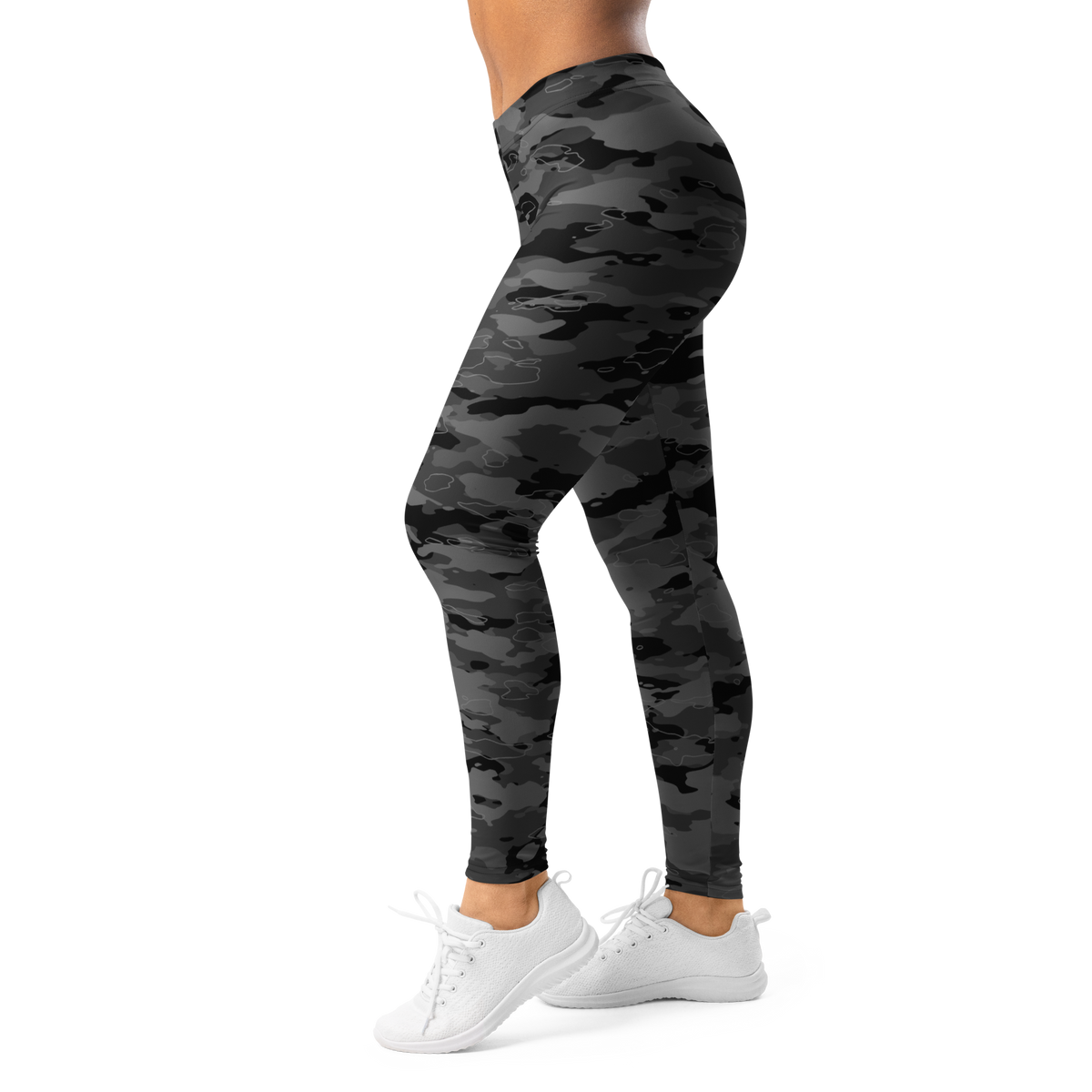 Marsho Greyscale 3 camouflage mid-rise comfort leggings, left-side view.