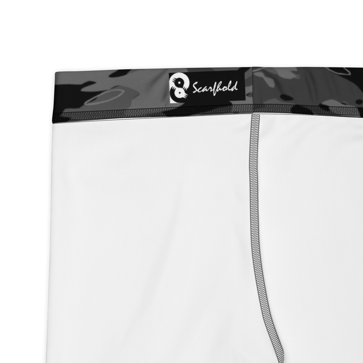 Marsho Greyscale 3 camouflage mid-rise comfort leggings, fabric and construction details.