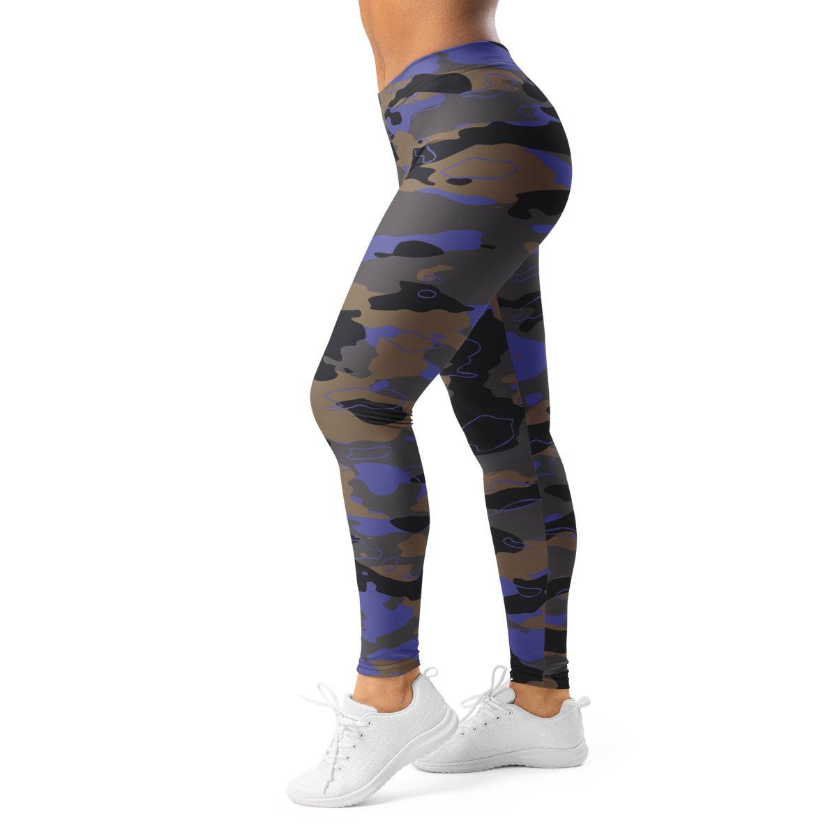 Marsho Very Peri 1 camouflage mid-rise comfort leggings, left-side view.