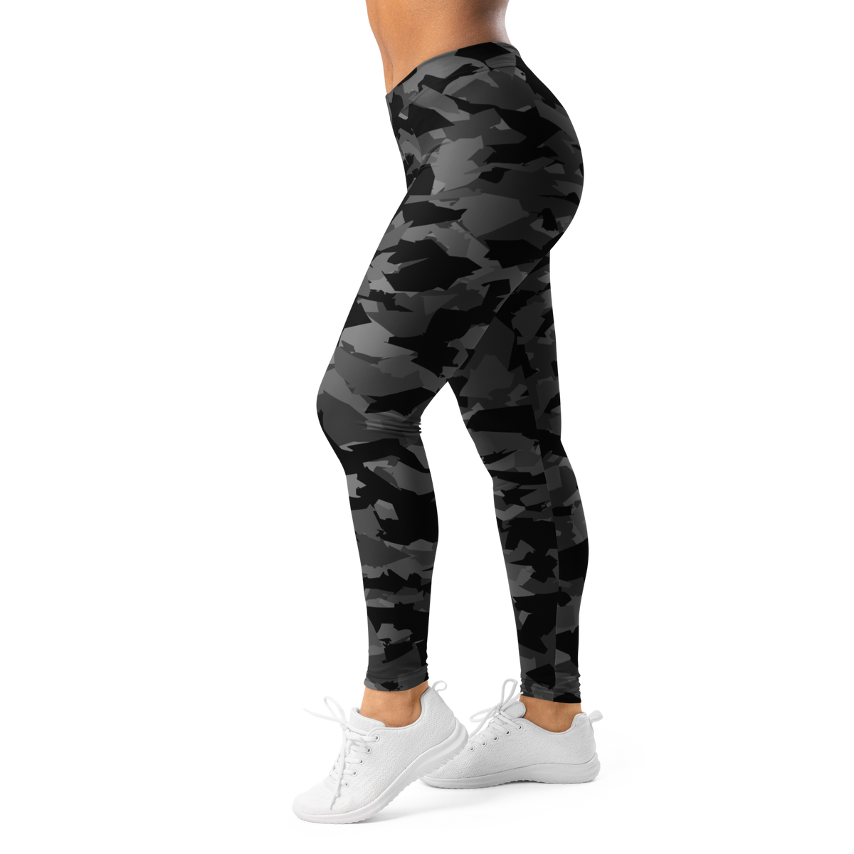 Mica Greyscale 1 camouflage mid-rise comfort leggings, left-side view.