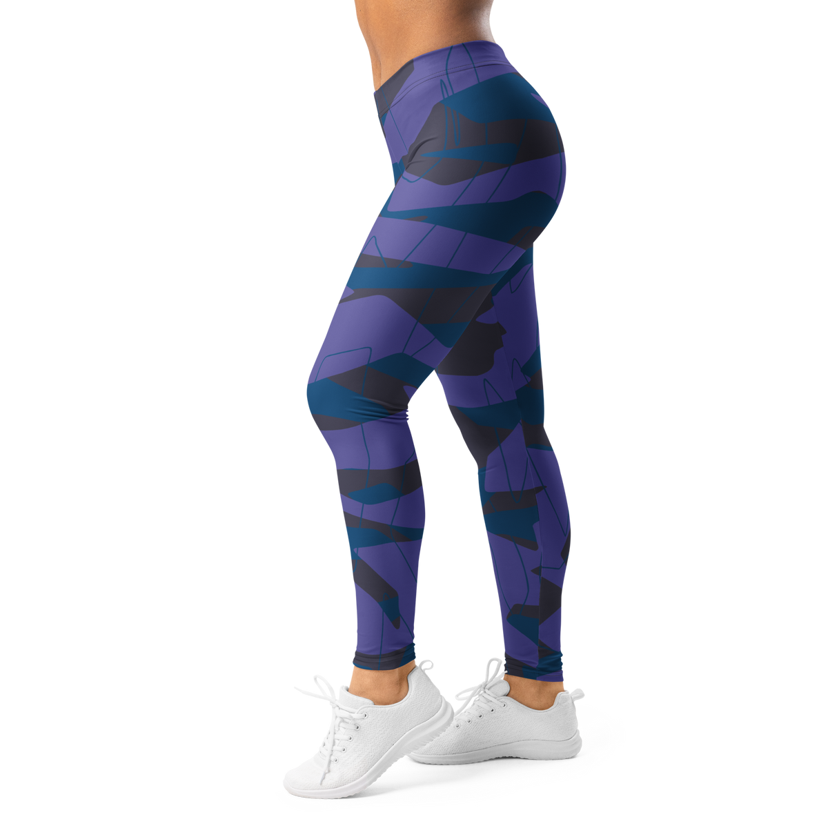 Timbre Classic Blue 18 camouflage mid-rise comfort leggings, left-side view.