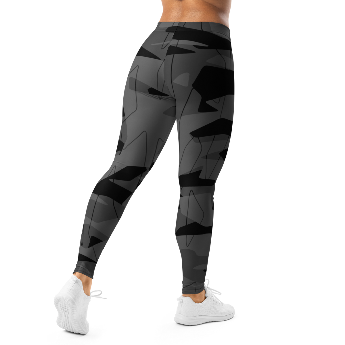 Timbre Greyscale 1 camouflage mid-rise comfort leggings, back view.
