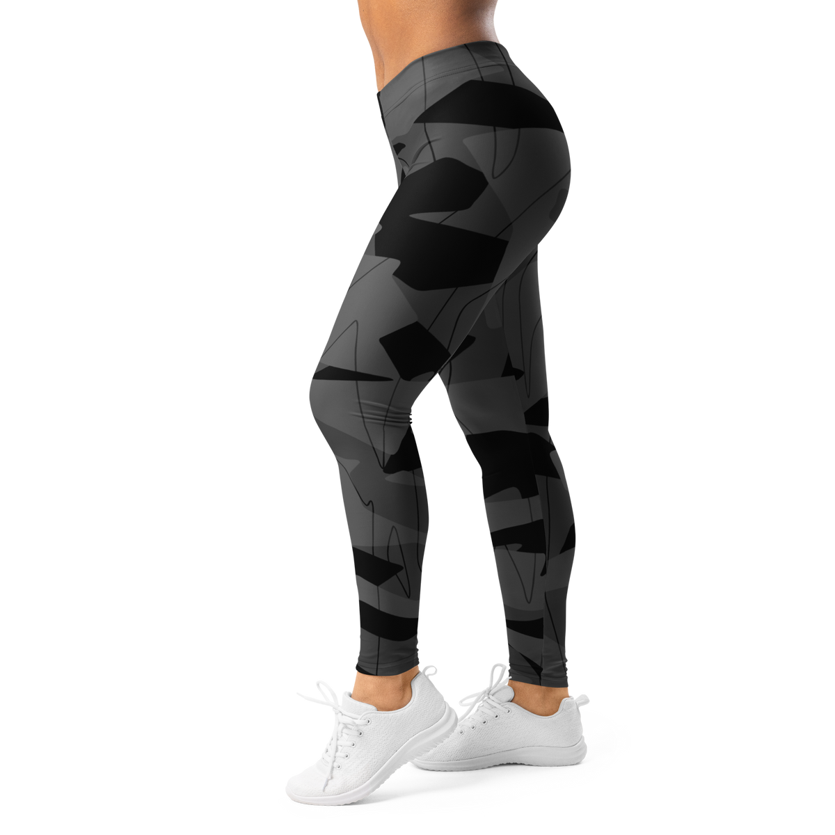 Timbre Greyscale 1 camouflage mid-rise comfort leggings, left-side view.