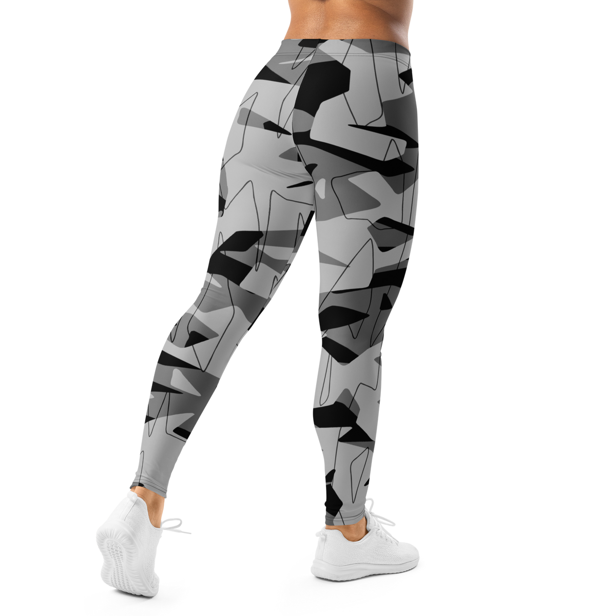 Timbre Greyscale 3 camouflage mid-rise comfort leggings, back view.