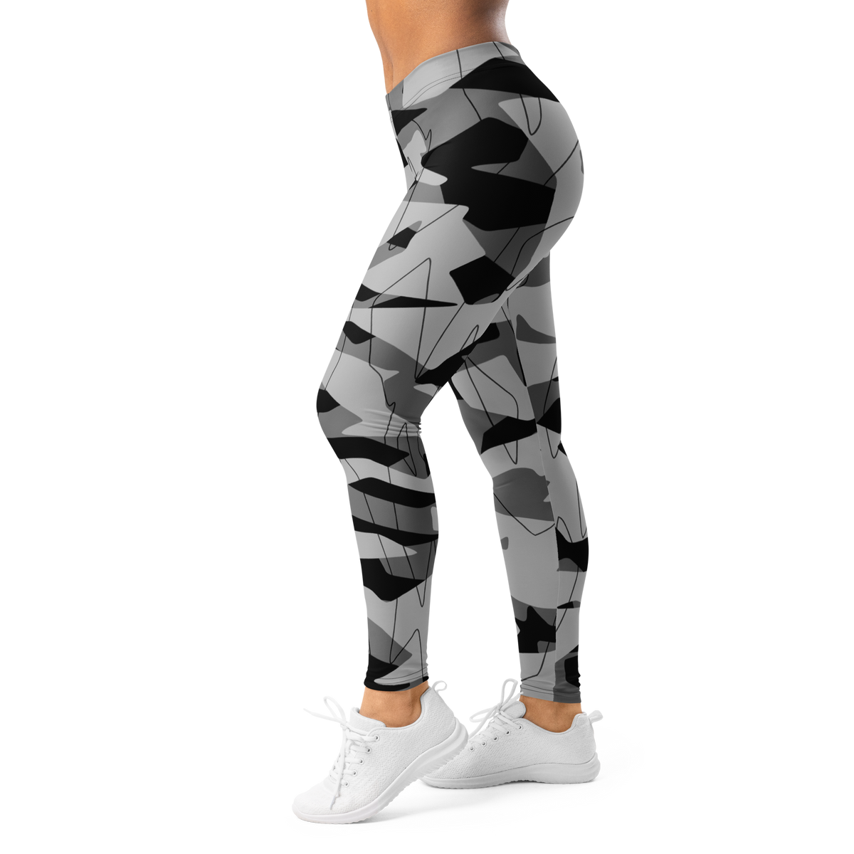 Timbre Greyscale 3 camouflage mid-rise comfort leggings, left-side view.