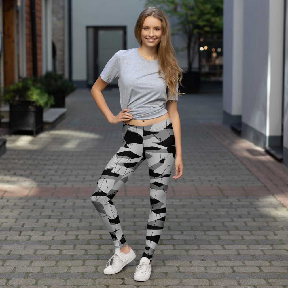 Timbre Greyscale 3 camouflage mid-rise comfort leggings, lifestyle front view.