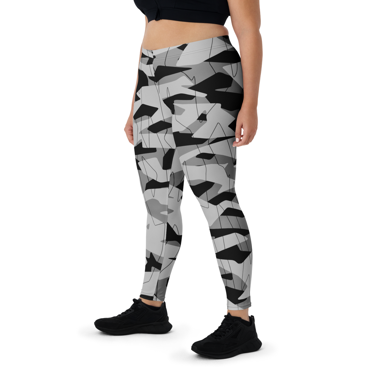 Timbre Greyscale 3 camouflage mid-rise comfort leggings, oversize-fit front view.